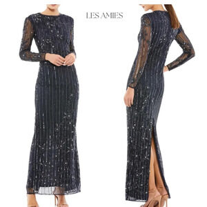 Mac Duggal sequin formal dress high neck illusion navy formal cocktail Sz‎ 8 NWT